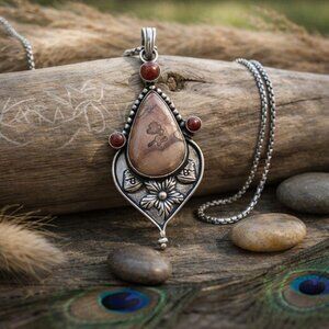 Artisan S925 Stunning Coffee Jasper & Trendy Carnelian Pendant Necklace Chain